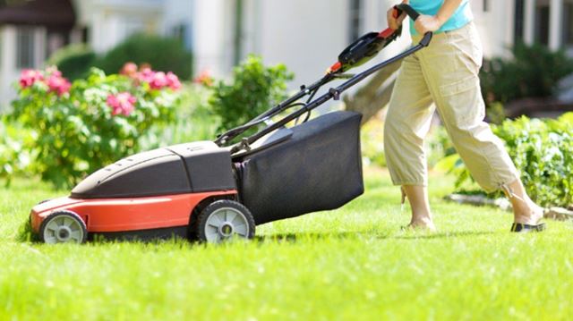 Lawn maintenance tips woman mowing lawn